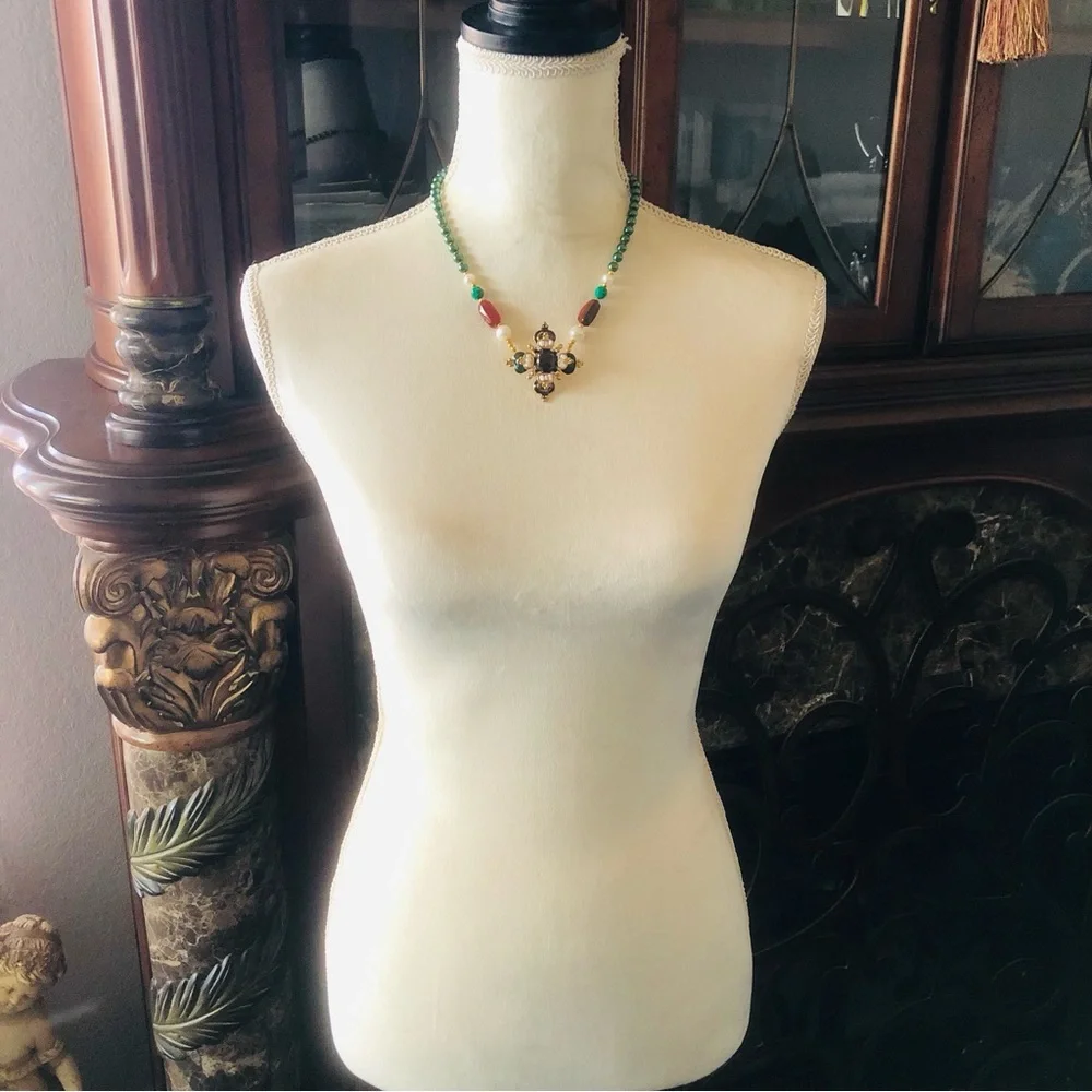 Handcrafted repurpose regal look pendant Czech glass Pearl necklace
